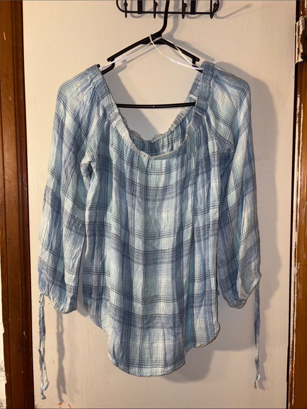 4 items for $25* Cupio Light Blue Plaid Off-Shoulder Peasant Top